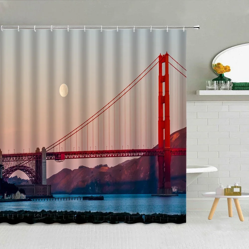 America Golden Gate Bridge Scenery Shower Curtain Waterproof Fabric Bathroom Supplies with Hooks Home Decoration Bath Screen