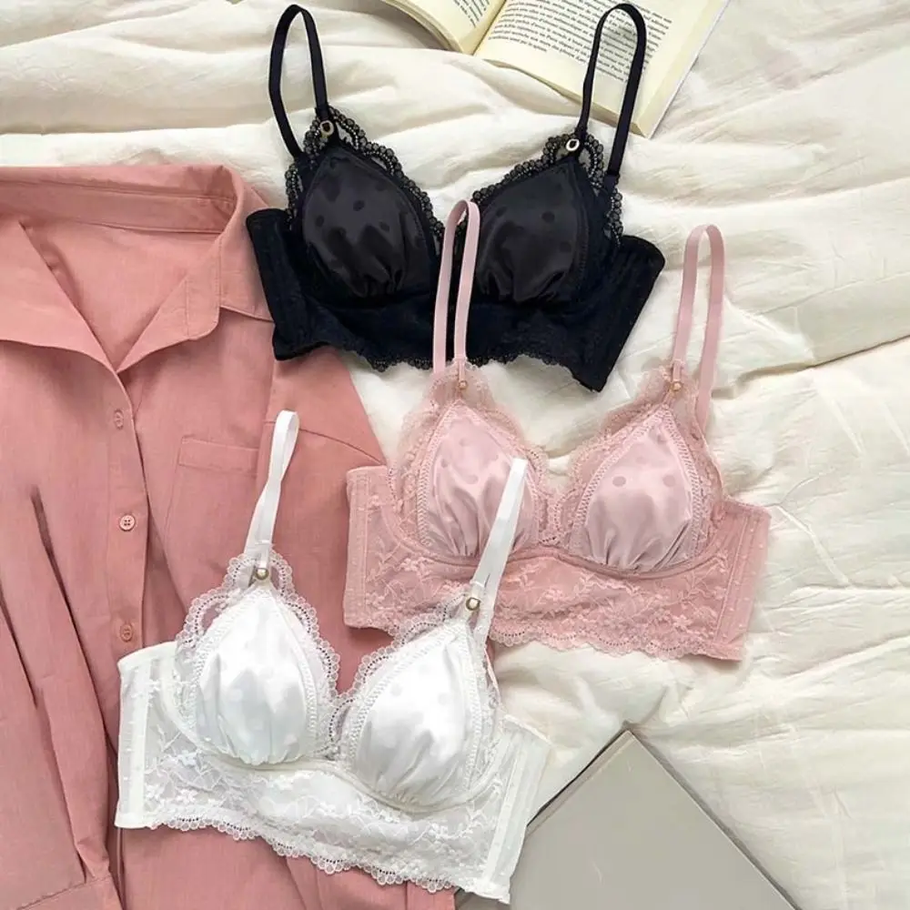 

Close Fitting Dots Wireless Deep V Bra Thin Push Up Satin Silk Bras Anti-sagging Shockproof Lace Bra Women Beach