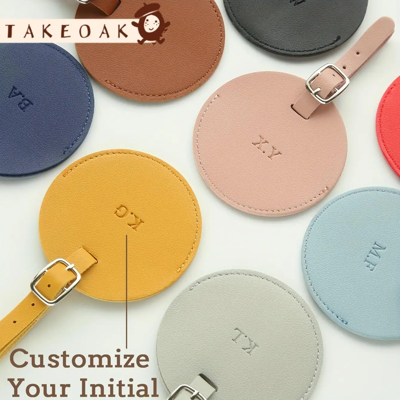Personalized Custom Dual Initial Round Leather Luggage Tag Adjustable Buckle Privacy Flip Cover Suitcase Anti-Lost Travel Label
