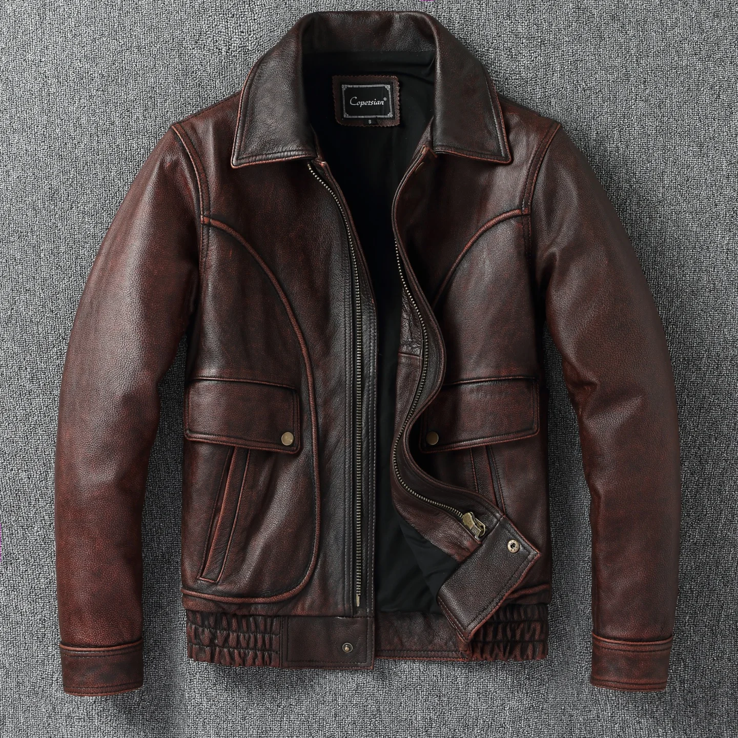 

2025 Top Layer Cowhide Jacket Fashion SlimFit Stand Collar Leisure Bomber Jacket 100% Genuine Leather Men's Vintage Short