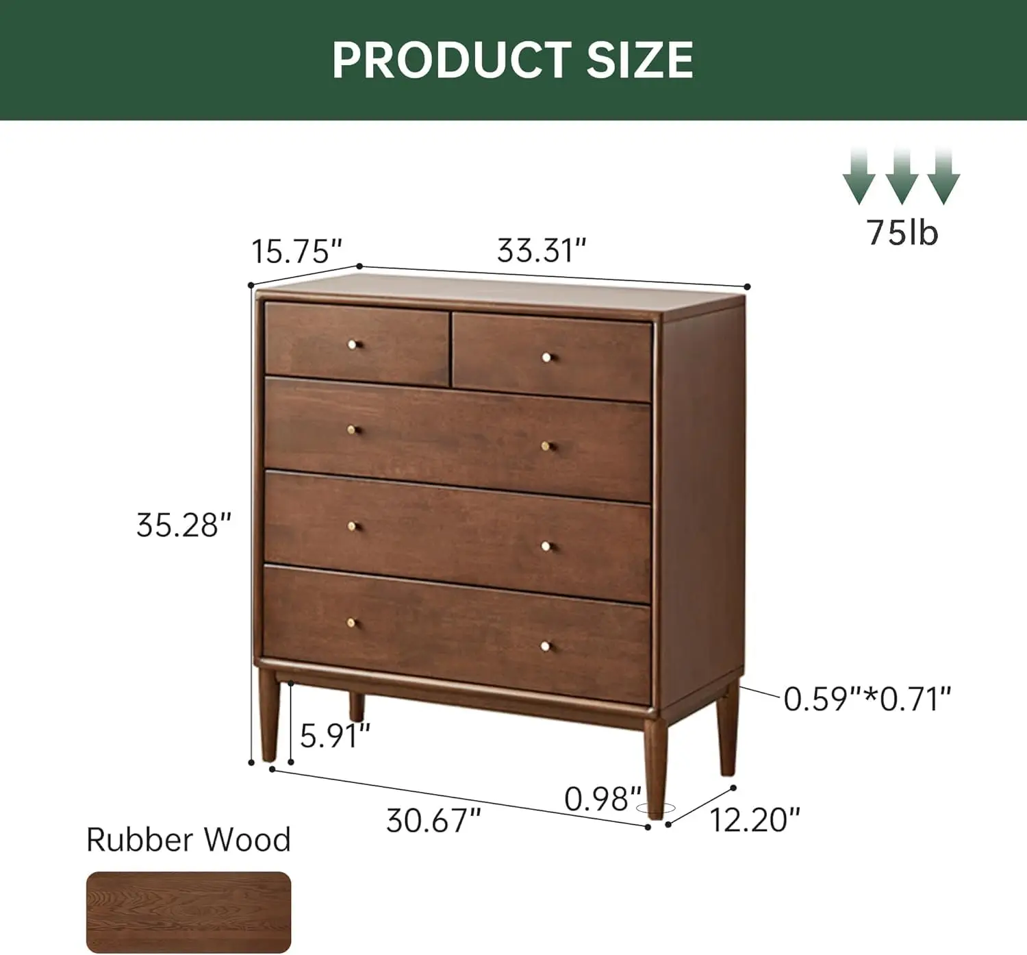 Solid Wood 5-Drawer Nightstand, Tall Bedroom Side Table & Storage Organizer, 33
