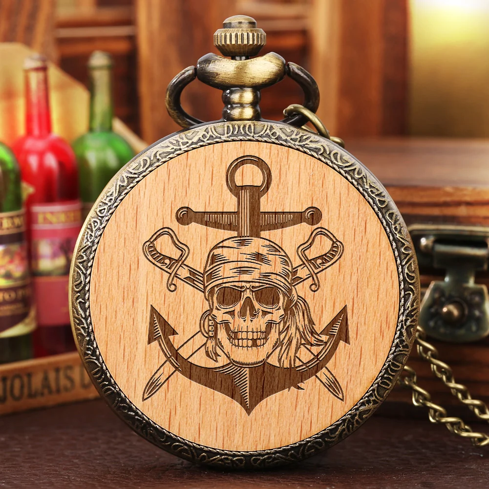 Vintage Pirate Skull Engraved Wood Pattern Quartz Pocket Watch Alloy Steampunk Necklace Chain Pendant Pocket Clock for Men Women