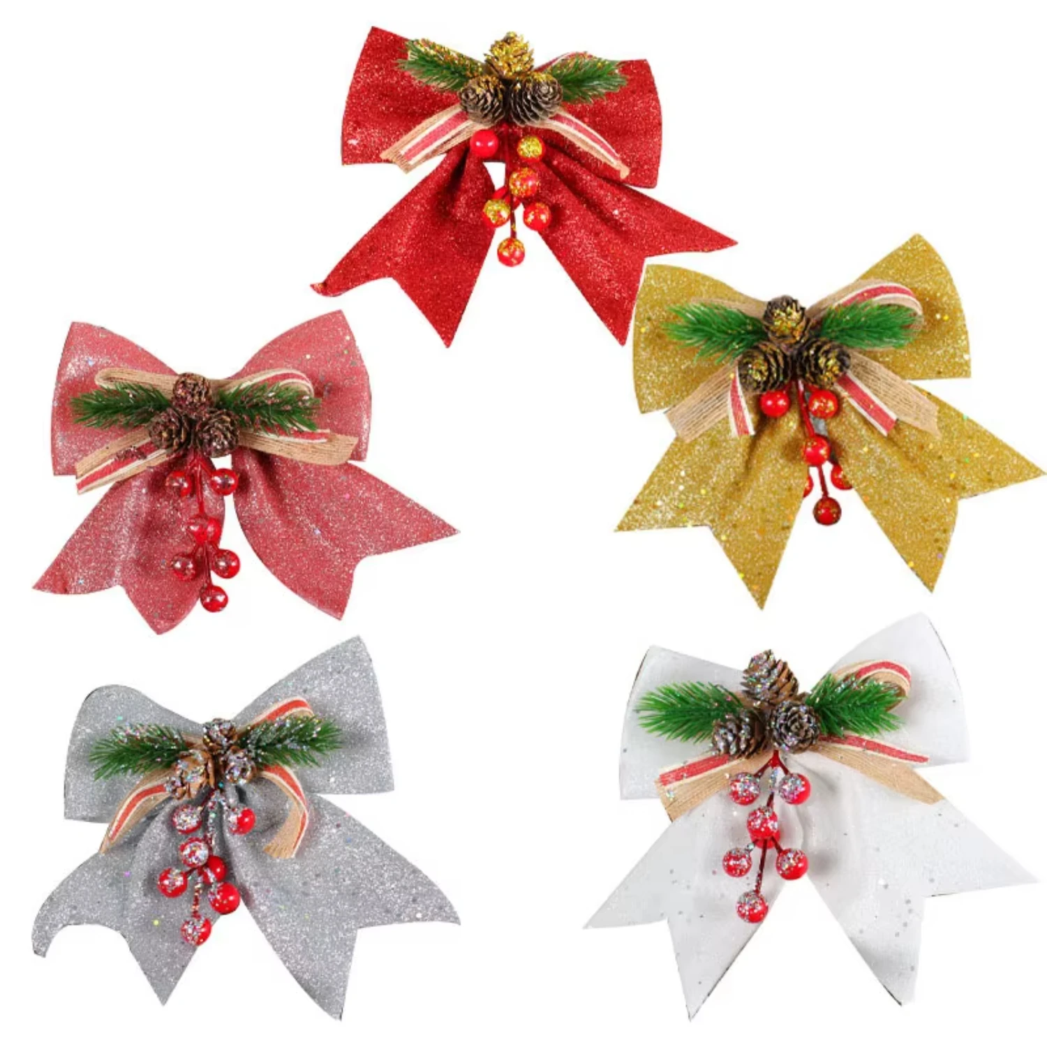 Xmas Bowknot With Pinecone Berries  Outdoor Christmas Tree Decorating Glitter Pearl Cotton Bows