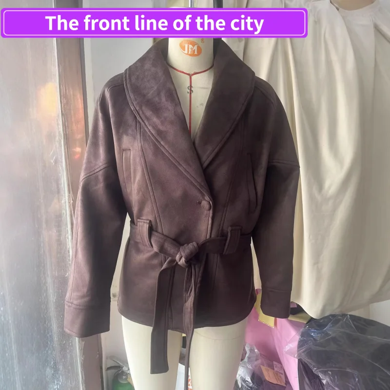 

Модная свободная кожаная куртка для женщин, осеннее замшевое пальто с длинными рукавами и поясом, ветровка стандартной длины Cleanfit Sle