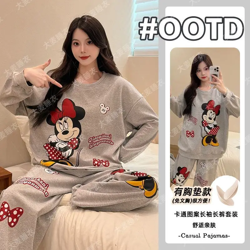 Pure cotton padded pajamas for women spring and autumn Mickey cartoon printed long-sleeved trousers two-piece home wear set