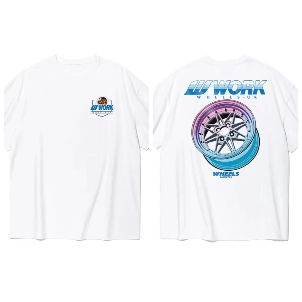 2026 Summer Vintage Oversized T‑Shirt For Adults Kids JDM Car Wheel Rim Double Sided Theme Art Loose Short Sleeve Street Tee