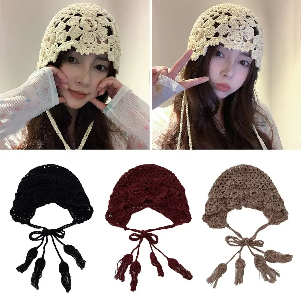 Breathable Handmade Knitted Hat Crochet Hollow Flower Beret Cap Versatile Bohemian Style Skullies Hat for Women