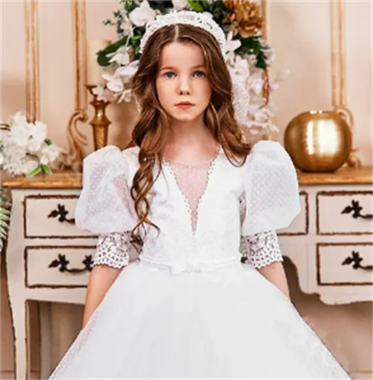 Flower Girl Dress White Fluffy Tulle Lace Applique Wedding Elegant Flower Child's First Princess Eucharist Birthday Party Gown