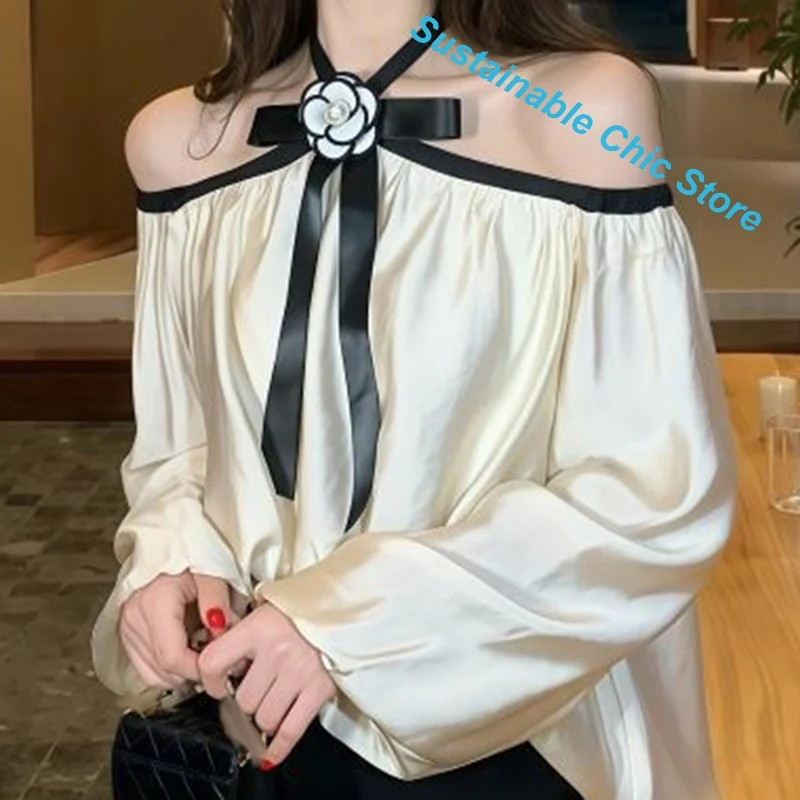 Korean-style temperament sexy off-the-shoulder long-sleeved blouse women's spring and autumn new fashion Joker casual shirt