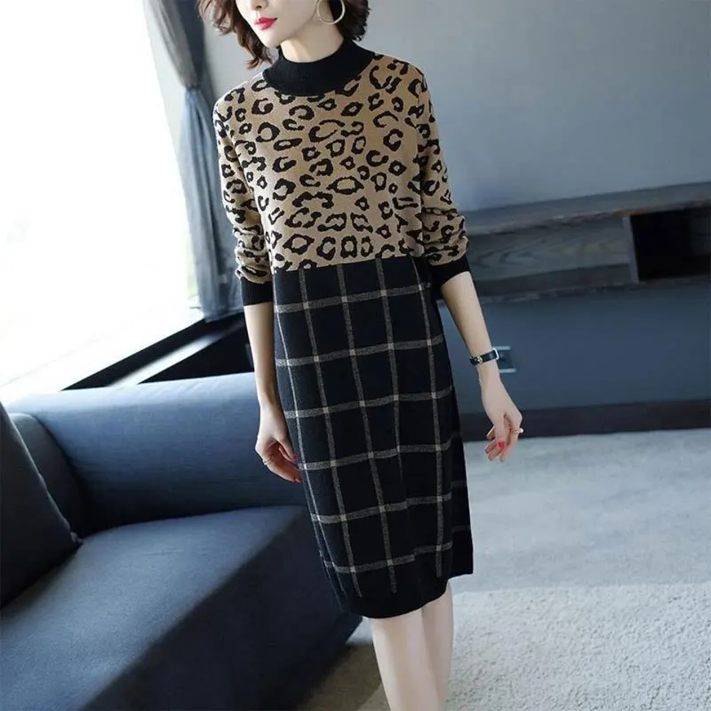 Abbigliamento donna mezzo collo alto abito longuette Chic Leopard Casual Patchwork Plaid stampato autunno inverno abiti dritti lavorati a maglia