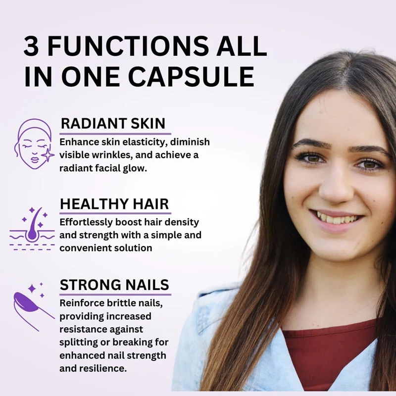 Biotin Contains 60 Capsules Of Hyaluronic Acid, Collagen, And Keratin For Nails And Skin, As Well As Vitamins, B1,b2,b3,b6,b7