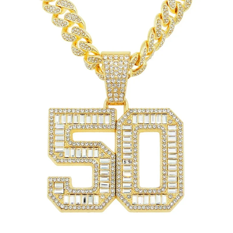 

Iced Out Crystal Number 50 Pendant Charm Necklace For Men Women Hip Hop Miami Cuban Chain Choker Fashion Rapper Jewelry Dropship