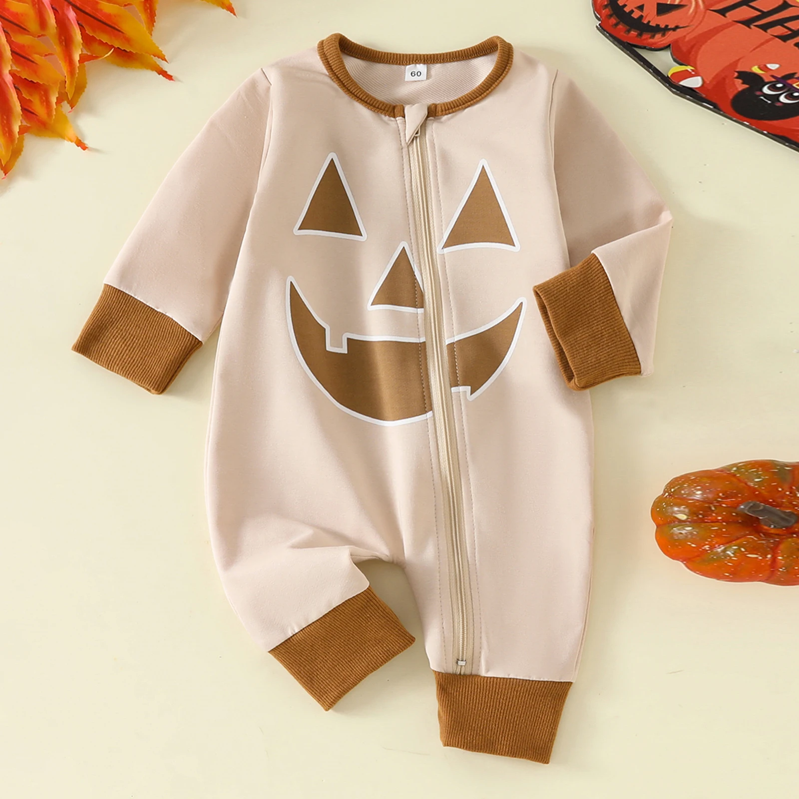 BeQeuewll Halloween Baby Clothes Cute Pumpkin Face Print Infant Jumpsuits Autumn Long Sleeve Casual Romper for Newborn Outfit