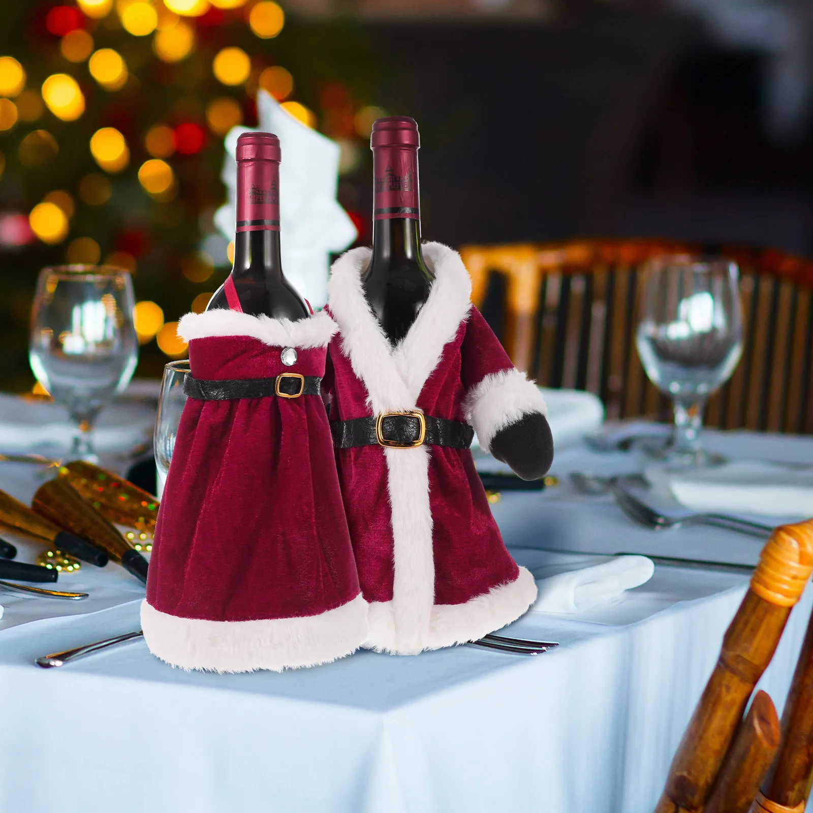 2 قطعة النبيذ الأحمر فستان عيد الميلاد غطاء أكياس زجاجة التفاف الحقيبة عطلة زينة حفلات الزفاف النبيذ الأحمر فستان عيد الميلاد