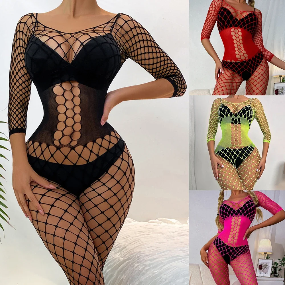 New Hot Fishnet Bodysuit Women Sexy Mesh Full Body Stockings Clothes Female Erotic Hollow See Through Tight Lingerie Costumes