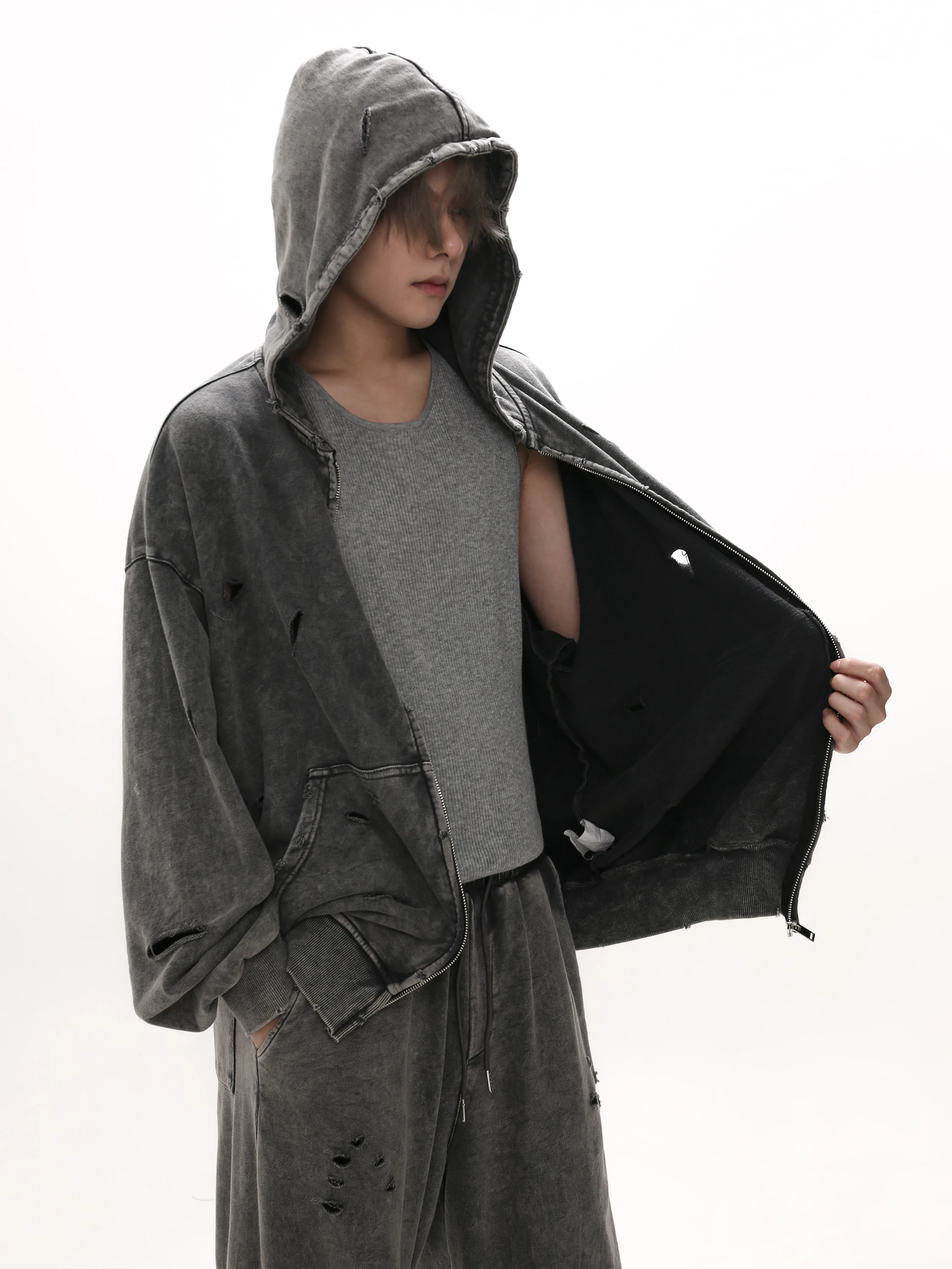 Autumn Winter Ripped Hole Punk Vintage Zip Up Hoodies Man Woman High Street Washed Distressed Sweatshirt Sudaderas