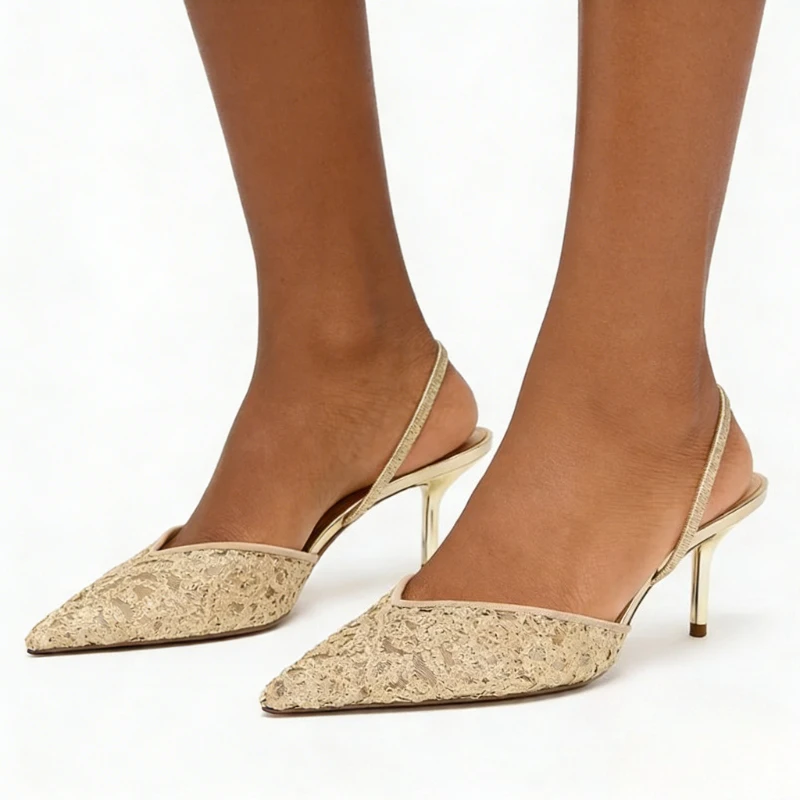 

High Heels Women Elegant Party Shoes Mesh Embroidered Floral Design Back Strap Stiletto Banquet Wedding Summer Modern Sandals