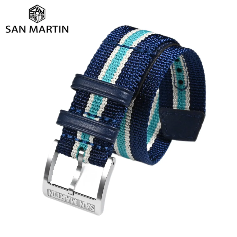 

San Martin 20mm Watch Band Nylon Strap Premium Leather Decorated Color 316L Stainless Steel Pin Buckle Sport Correa Reloj SN0116