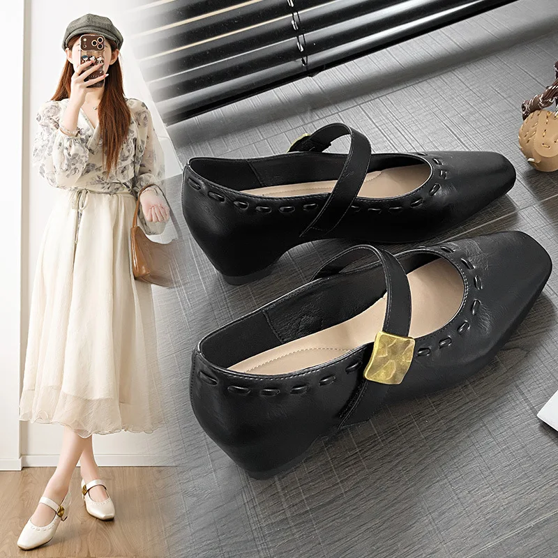 Women Mary Jane Shoes Mid Heel French Style High Heel Height Increasing Casual Shoes