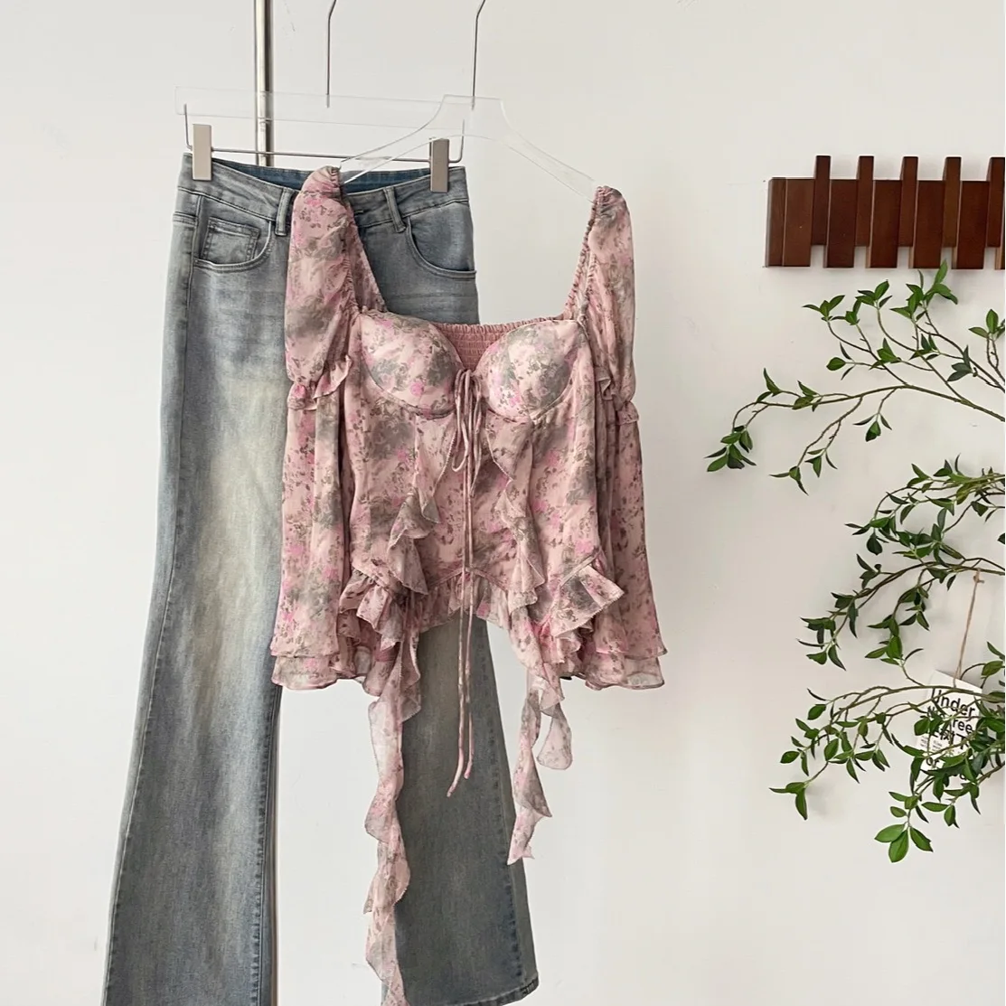 2025 New Women's Printed Drifting Sleeve Waist Chiffon Top