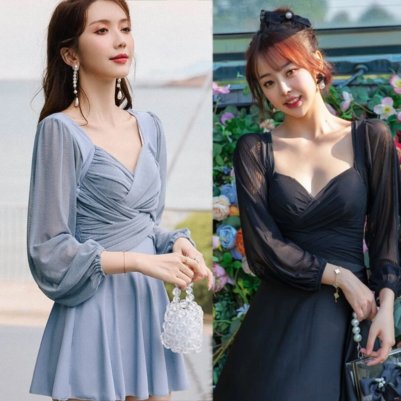 

Новинка лета 2024, Цельный купальник для женщин, купальный костюм с рюшами, женский купальный костюм с открытой спиной и поддержкой живота, купальник с длинными рукавами