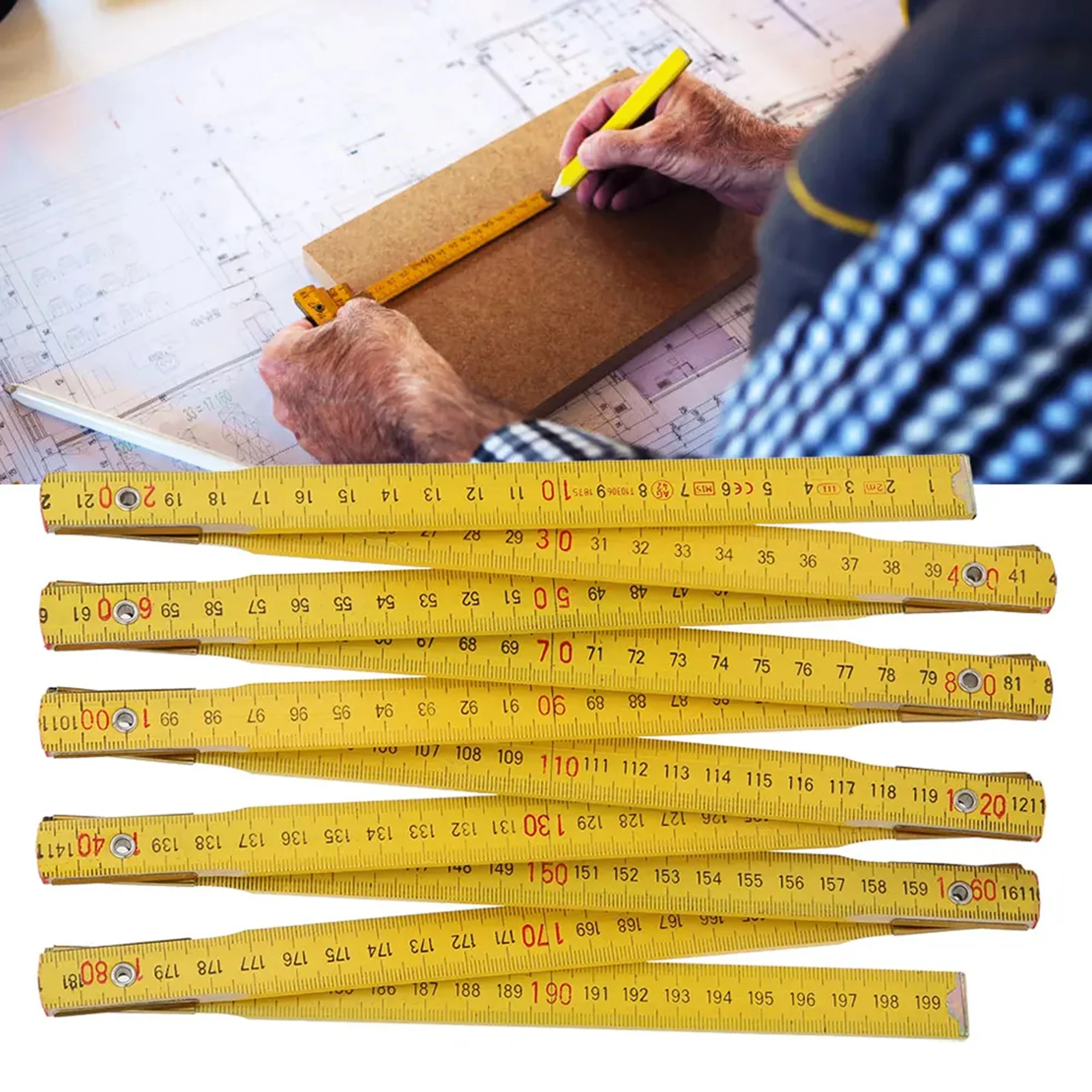 2 Meters Folding Ruler Wooden Carpenter Tool Inch Metric Double Sided Scale Wood Ruler Meter Measure for Drawing Teaching