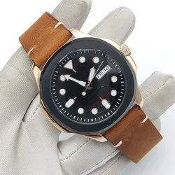 Relógio mecânico masculino com pulseira de couro, vidro safira, mostrador verde luminoso, caixa em ouro, movimento automático, NH36, 40mm