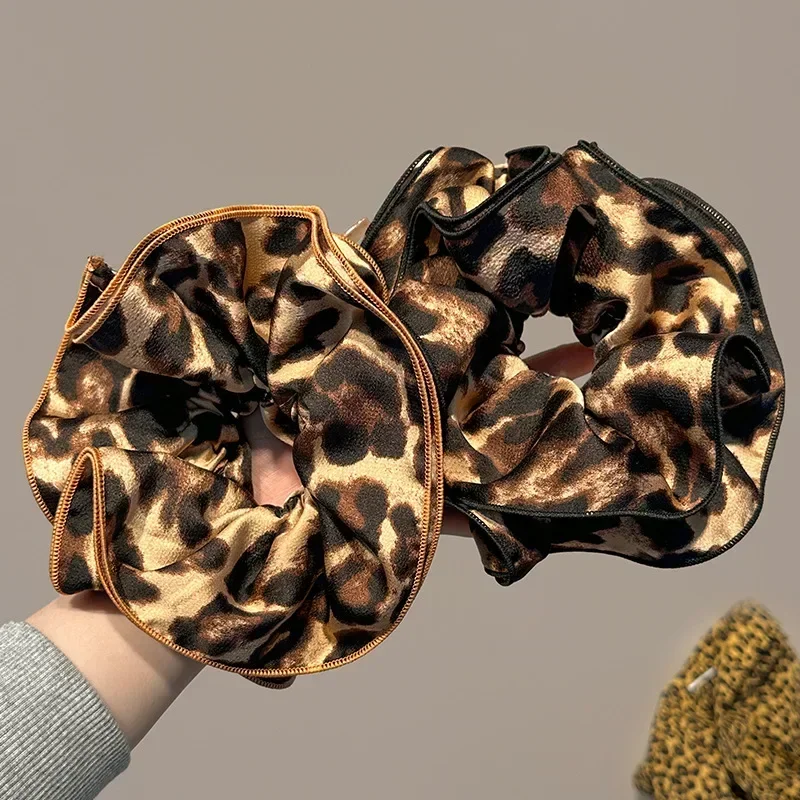 ريترو ليوبارد طباعة الشعر Scrunchie كبيرة الحجم حلقة الشعر ذيل حصان مطاطا بسط هيرباند حبل للمرأة إكسسوارات الشعر