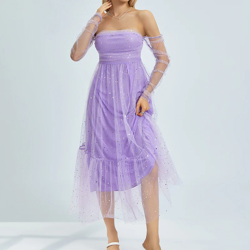 Fairy Mesh Sequin Purple Birthday Dress Chic Elegent Shrug Women Long Sleeve Princess Puffy Dress Aesthetic Grunge Evening Dress