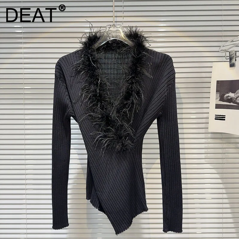 DEAT Fashion V-neck Splice Feather Slim Fit Knit Tops For Women Black Pullover Sweater Female Trend 2024 Winter New 11A01817