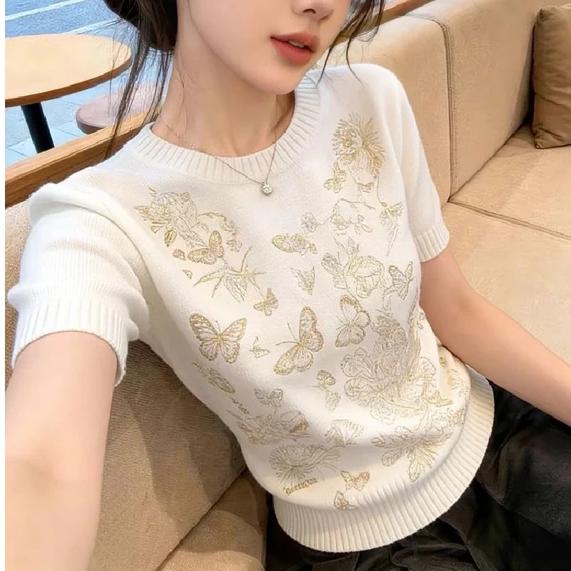 Fashionable Slim Fit Knitted Base Layer Top Elegant European Style Soft Wind Design Women's Pullover Summer Knitwear
