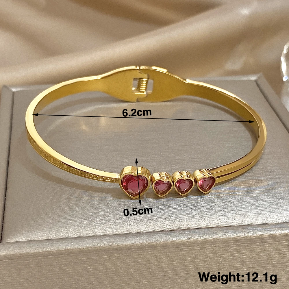 

Freetry Elegant Pink Heart Rhinestone Stainless Steel Open Spring Bangle for Women Waterproof Cuff Bracelet Festival Jewelry