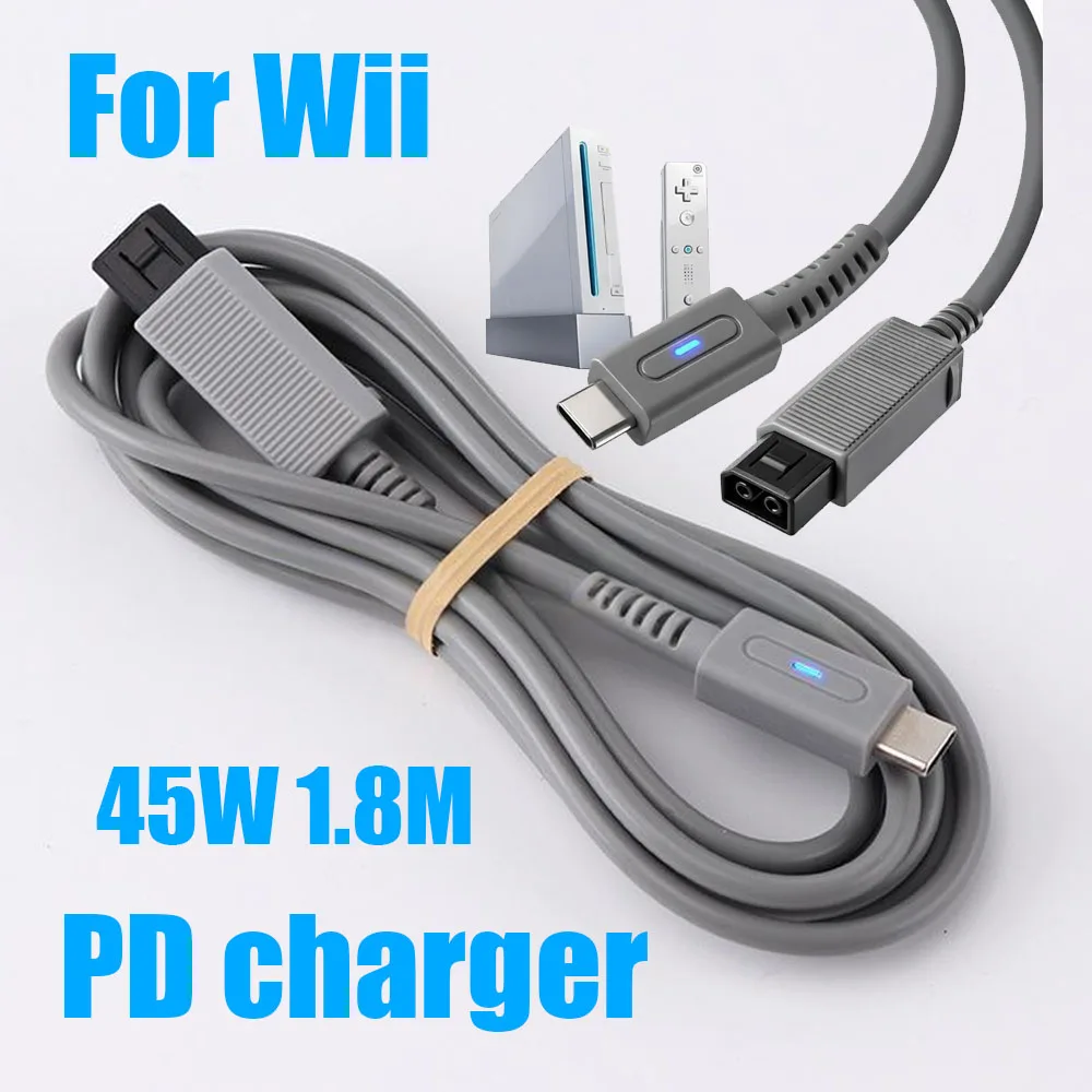 

1.8m Type C Charge Cable for Wii Console 45W PD USB C Gaming Power Supply Cord for Nintendo Wii Charge Game Console LED Wire