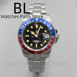 BLIGER 40mm Luxury Vintage GMT Men's Wristwatch Red Blue Bezel Sapphire Glass Luminous Dial 100m Waterproof Date Stainless Steel