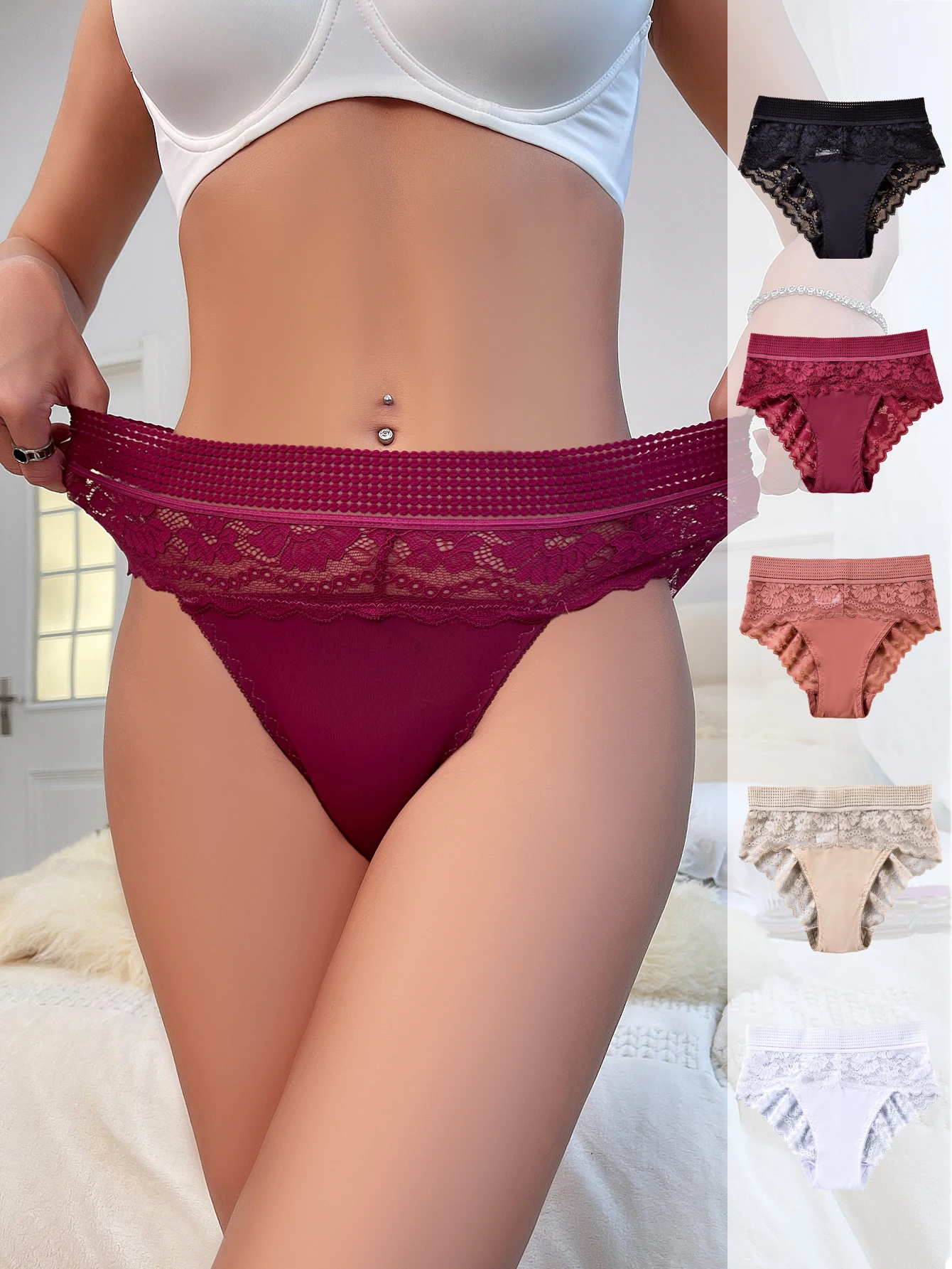 5Pcs Floral Lace Panties Lingerie S-xl Lingerie Sexy See-through Briefs High Waist Briefs High Stretch Underwear Women