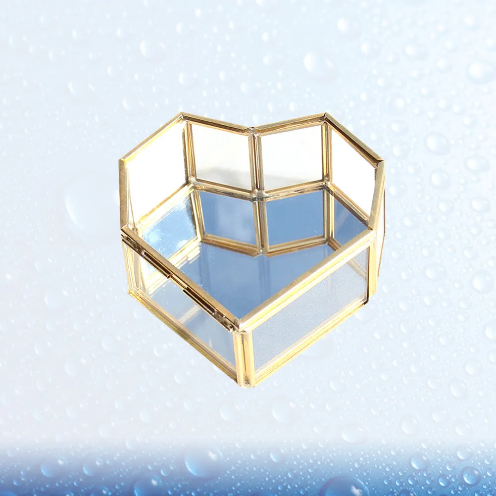 

1 шт. Стеклянная шкатулка для украшений в форме сердца, геометрическая коробочка для колец, роскошная золотая рамка, держатель для колец на свадьбу, помолвку, день рождения, годовщину