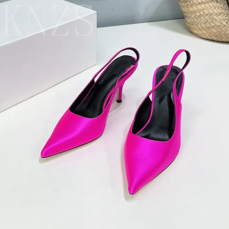 

Summer New Pointed Toe Fashion Slingbacks Sandals Woman Genuine Leather High Heel Shallow Mouth Concise Party Dress Shoes Women