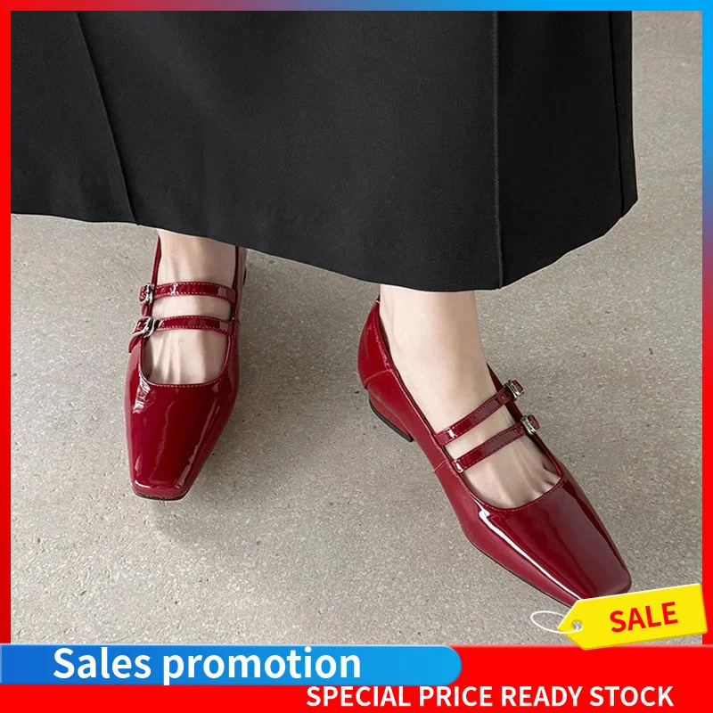 Women Patent Sheepskin Mary Jane Flats Square Toe Double Strap Block Mid Heel TPR Sole Black Red Silver Daily Shoes F279