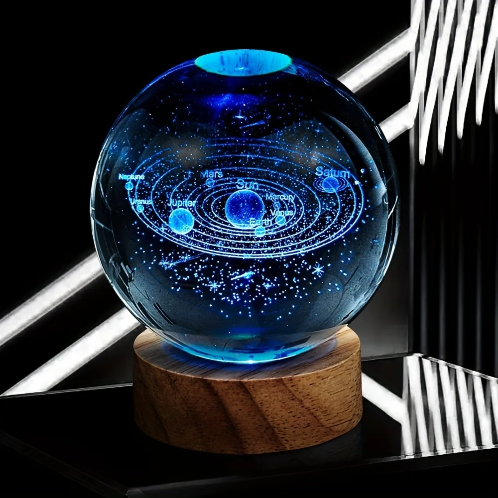 An Astronomical 3D Solar System Crystal Ball Accessory, RGB Color LED Light Laser Engraved Glass Ball, Used Photography