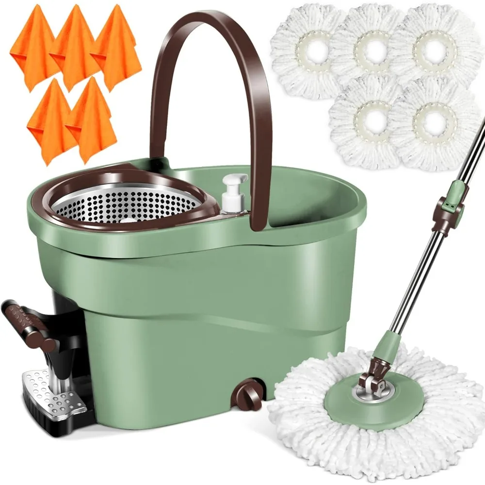 Spin Mop and Bucket with Wringer Set, Floor Cleaning System with Foot Pedal, Easy Wring, Adjustable Handle