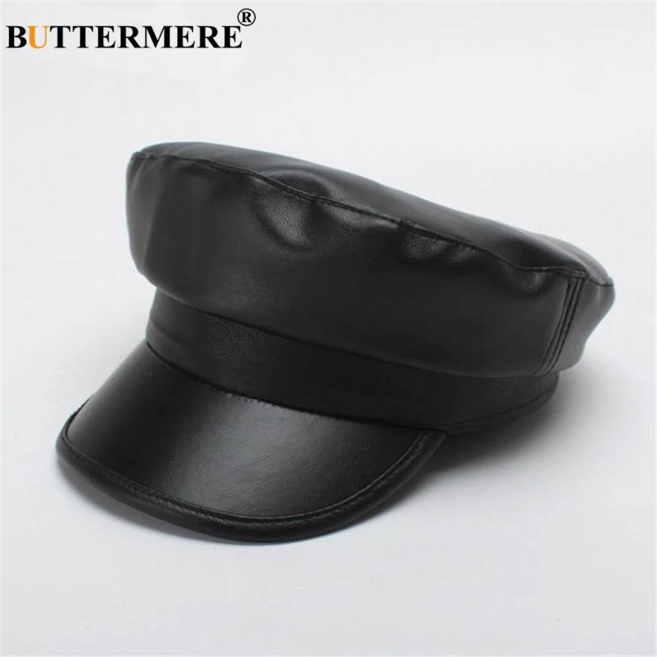 BUTTERMERE Black Leather Military Hat Women Army Cap Ladies Baker Boy Hat Spring Autumn Duckbill Female Newsboy Flat Top Hat