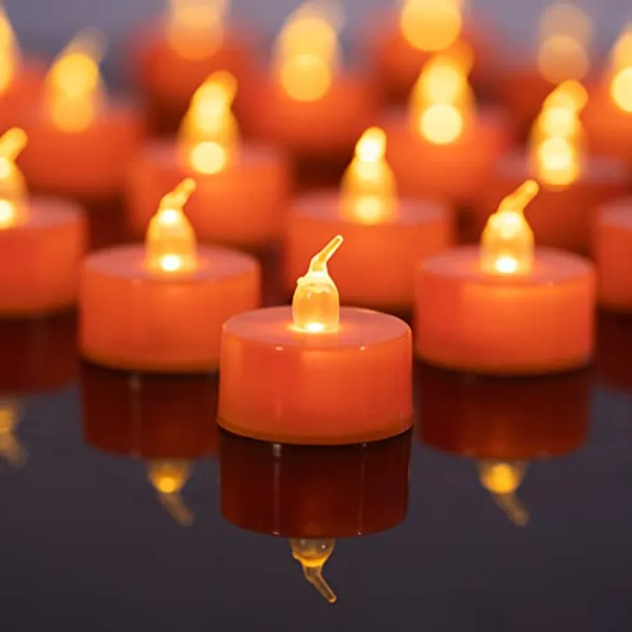 24 Pack Orange Tea Lights Candles, Flickering Warm Yellow Flameless LED Candles (Orange) Theme Party, Halloween, Fall Decor
