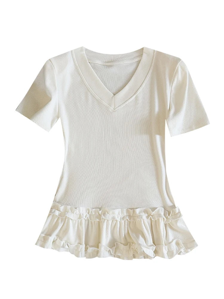 

Korean Sle Pure Color Lace Patchwork oulder Pad T-irt ort Sve Overhead Versatile Youthful Top for Women