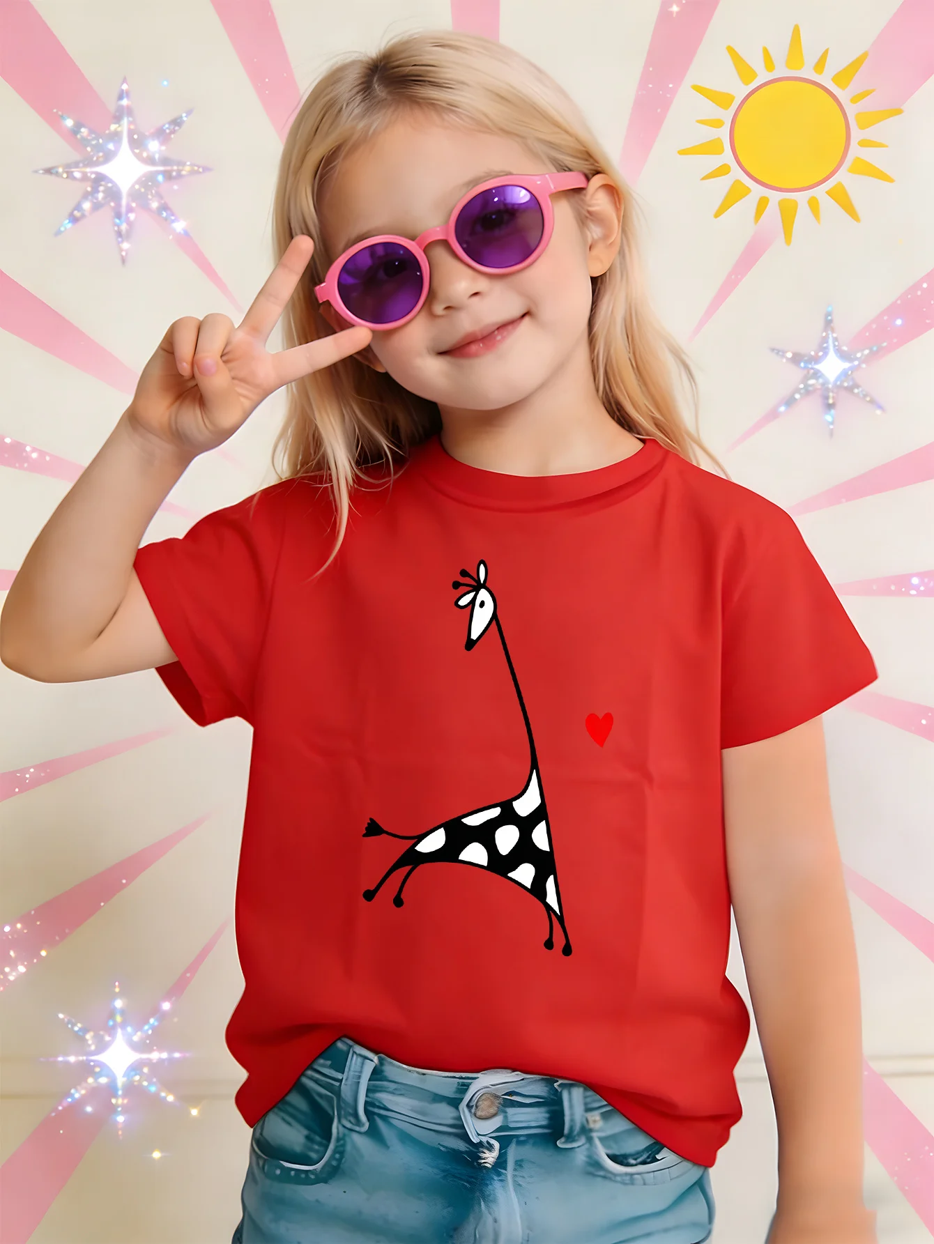 Cute Minimalist Giraffe Red Heart Animal Print Family Matching T Shirt Boys Girls Soft Summer Short Sleeve Tees Child Daily Tops