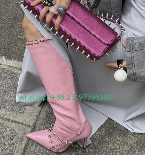 Lady pink metal stud design knee boots pointed toe rockstud rievt studed punk boots stiletto heel boots buckle strap boots size