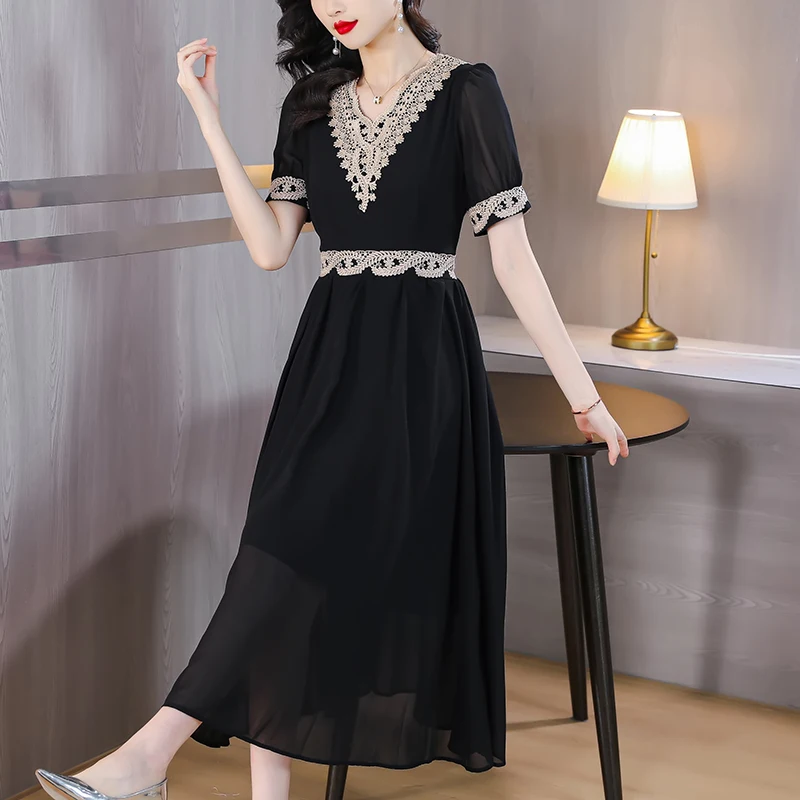 2023 Summer New Black Silk Embroidery Dress V-Neck Waist Slim Short Sleeve A-line Dress Over Knee Large Swing Long Dress