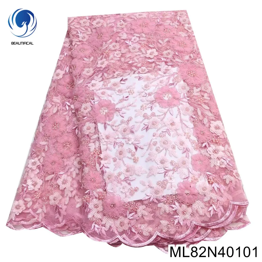 

Small Fresh Pink Handmade Bead Mesh Lace African Sequined Embroidery Tulle Cloth, Wedding Dress, ML82N401