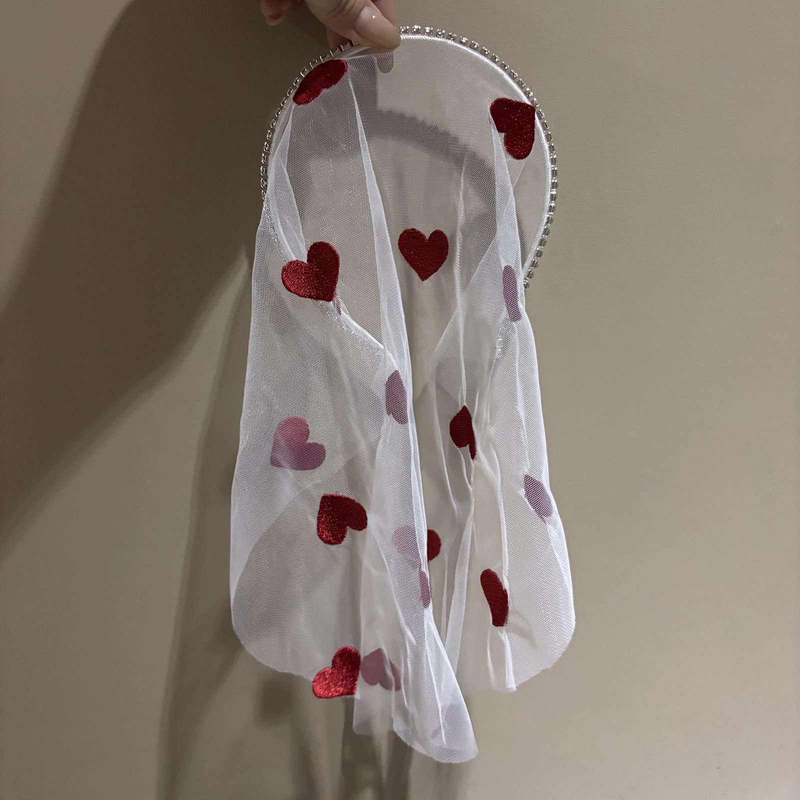 Short Red Heart Veil Headband, Wrapping Tulle Headpiece, Bridesmaid Accessory for Valentine's Day and Bachelorette Party SA264 view 5