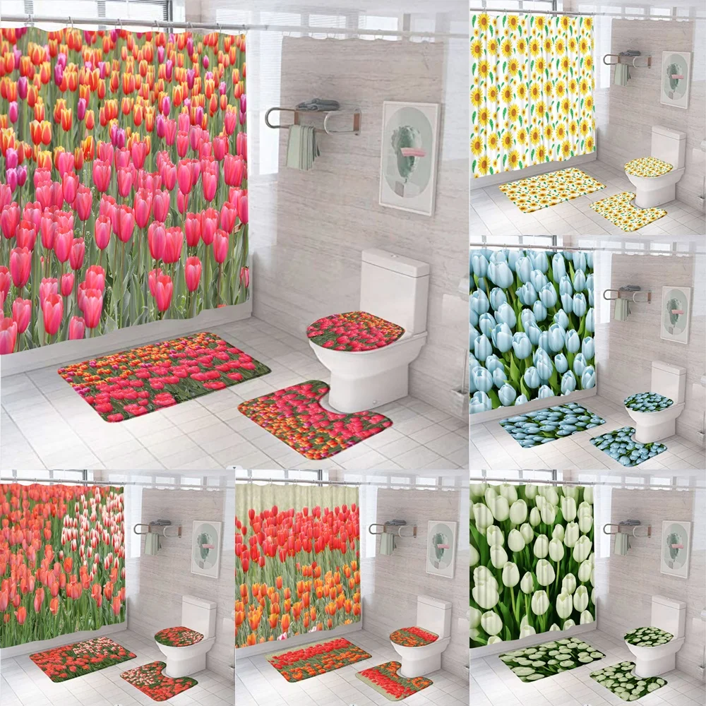 

Tulip Flower Bathroom Curtains Floral Field Fabric Shower Curtain Set Bath Mats Rug Toilet Lid Cover Anti-skid Carpet Home Decor