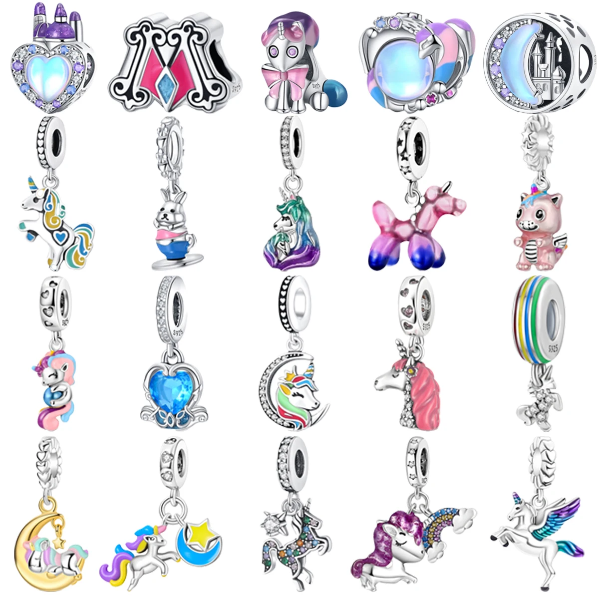 

Original 925 Charms Sterling Silver Unicorn Pegasus Moon Stars Castle Beaded Pendant for PandoraDIY Bracelet Ladies Jewelry Gift